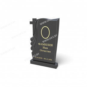 Черный гранитный памятник с вырезанным крестом в левом верхнем углу и рельефными складками сбоку, справа гладкая поверхность для портрета